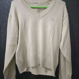 Women V Neck Beige Sweater