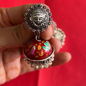 Hand Painted Red Meenakari Jhumka