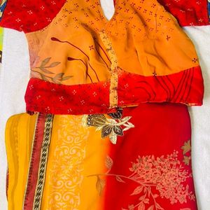 NEW RED AND ORANGE COLOR SAREE WITH XXL BLOUSE