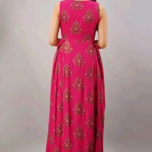 Women Printed Cotton Rayon Frontslit kurta (pink,)