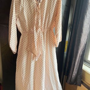 Polka Dots Peach Dress With Tie