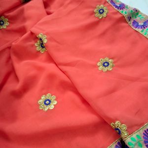 Coral Peace Embroidered Saree With Blouse Piece