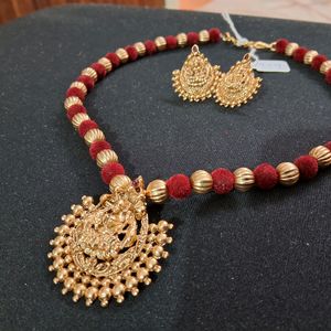 Golden Balls Chain With Laxmi Pendent And Earrings