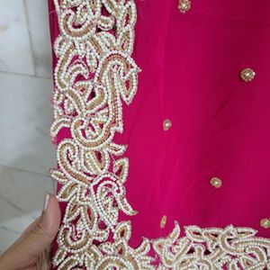 Hot Pink Pearl Work Saree