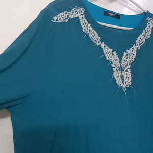 New Teal Tunic, pattern sleeves white embroidery