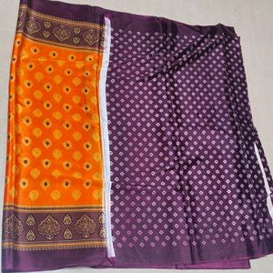 Poly Silk Saree with Orange & Deep Purple Design