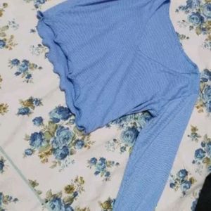 V - Neck Full Sleeve Crop Top (Sky)