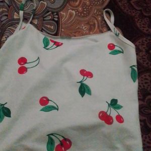 White Strip Top With Cherry Print