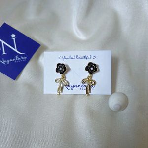 Korean Black Rose With Golden Bow Earrings