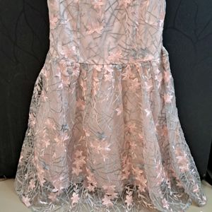 Beautiful Grey N Pink Floral Net Frock