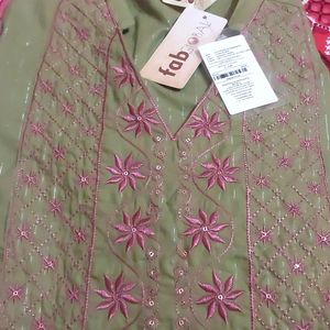 Khaki Green  Cotton  Lurex Kurti Pink Embroidery