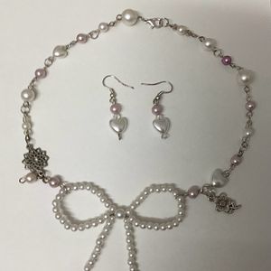 purple pearl bow necklace with earring set 🤍