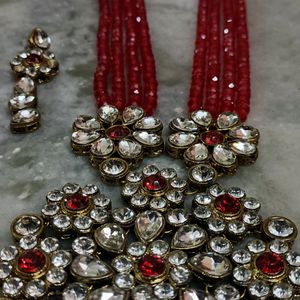 A Red Beads Jewellery with heavy locket& earrings