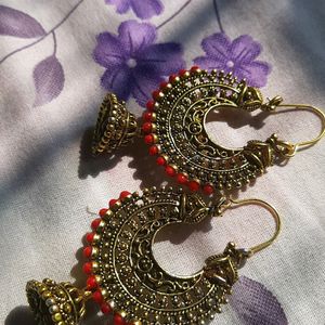 Beautiful Golden And Red Ear Rings