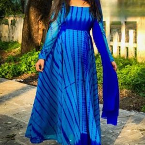 Tie dye blue anarkali with dupatta