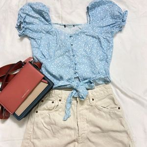 TIE FRONT PUFF SLEEVE BRODERIE CROP TOP