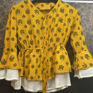 Mustard And White Printed Top