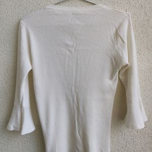 White Ribbed Top With Bell Sleeves