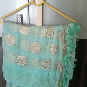 Sea Green Chiffon Saree With Golden Brocade.