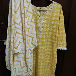 lemon yellow n white kurta set