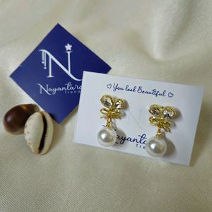 Korean Bow Earrings With Pearl Drop