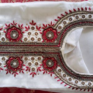 White Kurti With Red Border