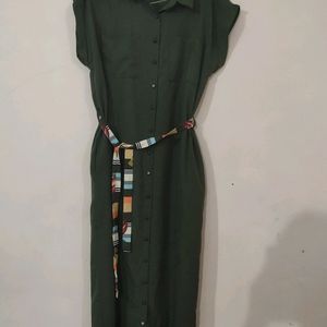 Olive Green Shirt Type Dress With A Belt