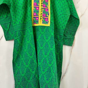 Bottle Green Kurti With Yellow Embroidery