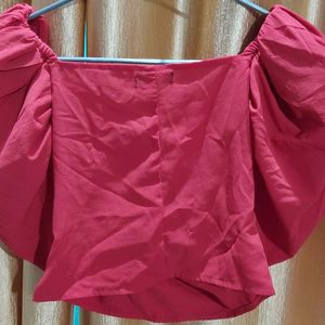 Red V-Neck Puff Sleeves Wrap Crop Top