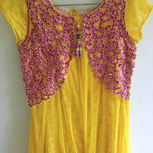 Lemon Yellow and Pink Long Ethnic Gown