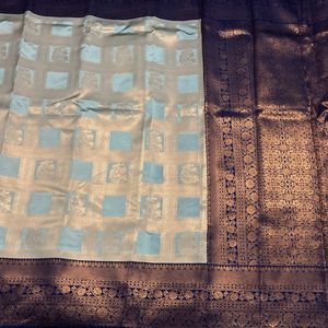 New Grey N Blue Semi Silk Saree