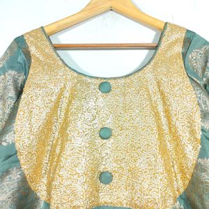 Grey With Gold Floral Print Ethnic Kurta (Women's)