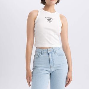 Shine White Slim Fit PrintedCamisole Crew Neck Top