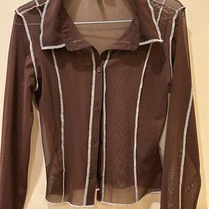 Brown Full Sleeve Mesh Top From H&M
