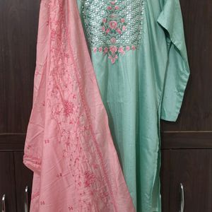 Embroidered Kurta With Pant And Dupatta