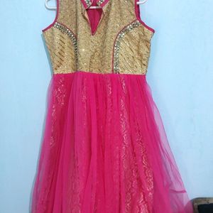 Pink Gorgeous, Stone Platted , Layered Golden And Pink Ethnic Gown