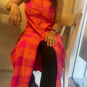 ANOUK Pink & Orange Checked Kurta