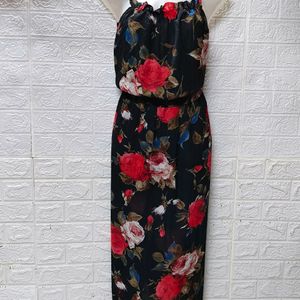 "Elegant Allure: Black Rose Print Gown"