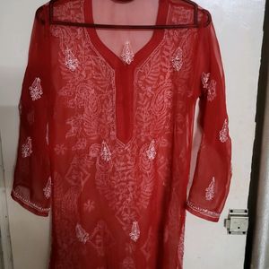 Women RED Chikankari Kurta