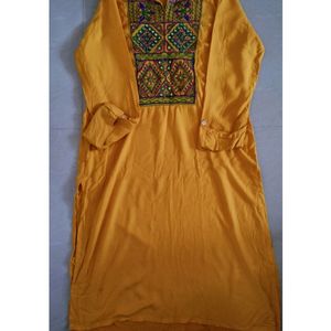 Beautiful Rayon Yellow Kurti Having Embroidery. Ha