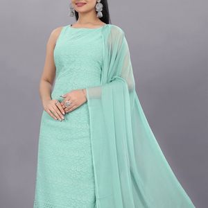 Sleeveless Green Embroidered Kurta Three Pis Set