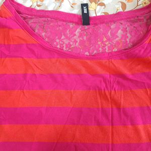 Pink And Orange Striped Women T-Shirt