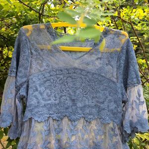 Chic Grey Embroided Soft Net Cape Top