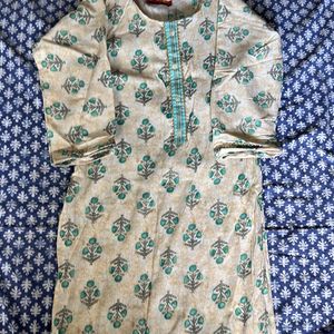 Women Cream And Green Kurta