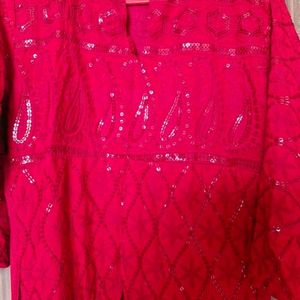 Red Chickenkari Work Kurta Set