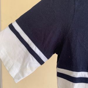 Women Navy Blue And White Pure Cotton TshirtTshirt