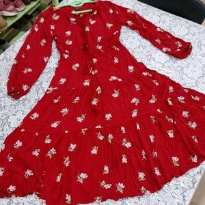 Dark Red Floral Flared Dress, Bust Size 36