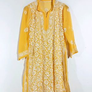 Bright Yellow Chikan-Kari Kurti With Cotton Inner