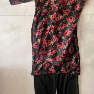 Floral Black Suit with Embroidered Neckline