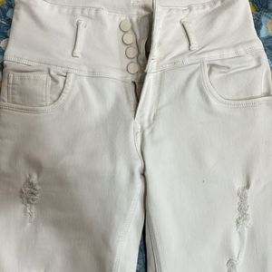 White Skinny Rugged High Waist Jeans